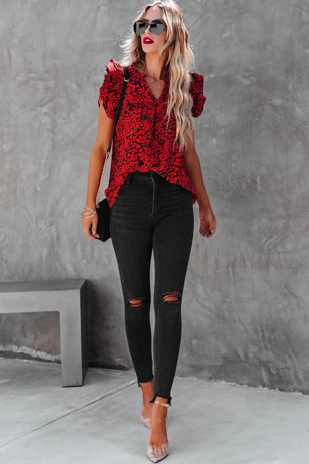 Floral Print Tiered Flutter Sleeve V Neck Top