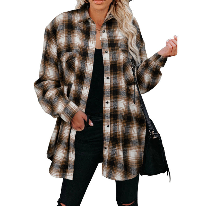 Plaid  Loose Blouse With Turndown Collar