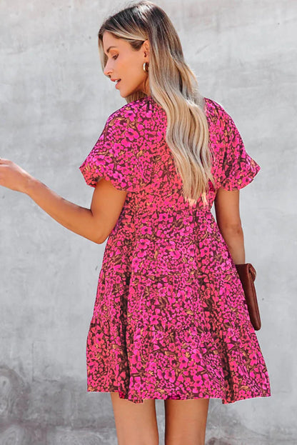 Floral Print Tiered Flutter Sleeve V Neck Top