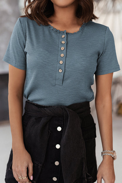 Buttoned Ribbed Knit Short Sleeve Top