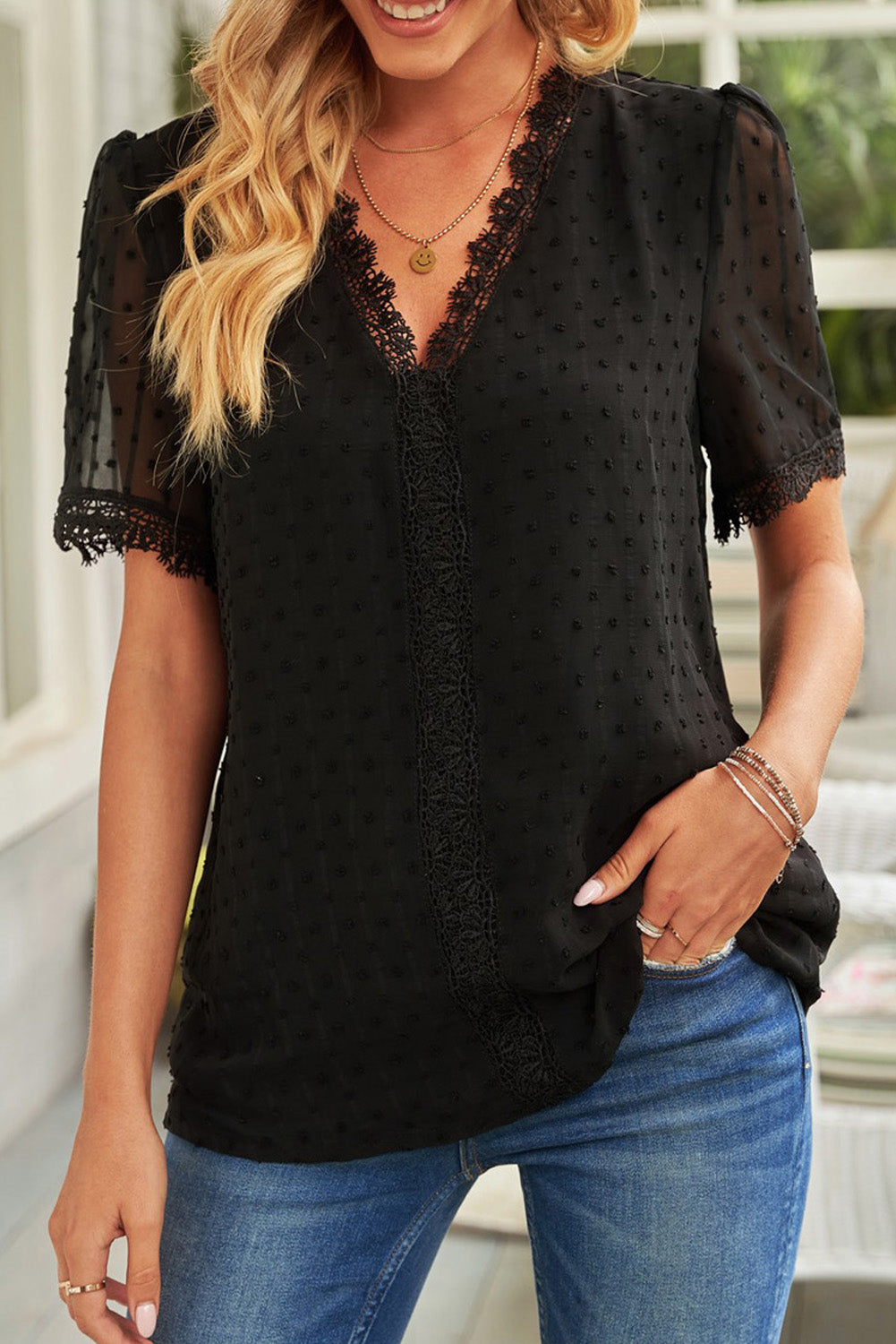 Lace Splicing V-Neck Swiss Dot Short Sleeve Top