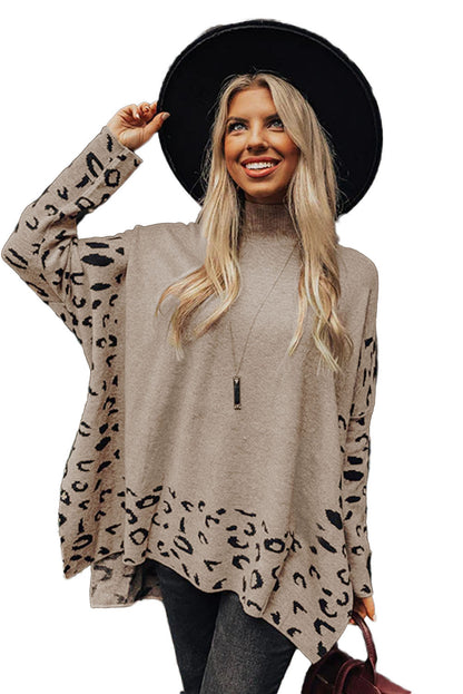 Khaki Leopard High Neck Side Slit Oversized Sweater