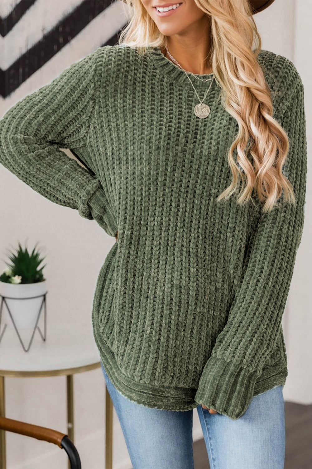 Long Sleeve Round Hem Cable Knit Sweater