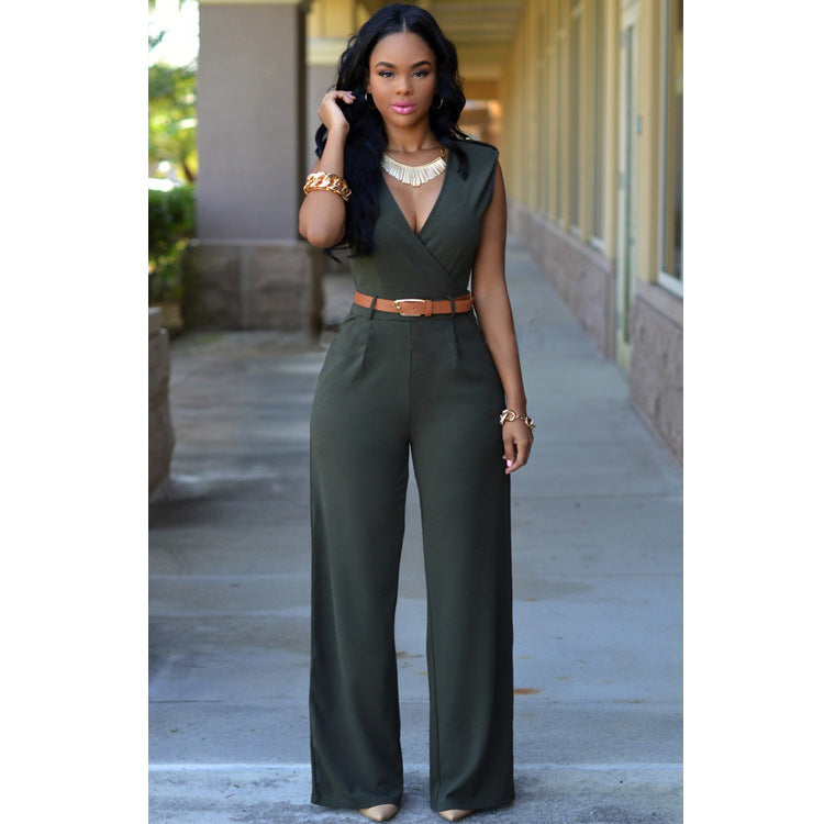 High Waist V-neck Wide-leg Pants Irregular Jumpsuituit With Belt