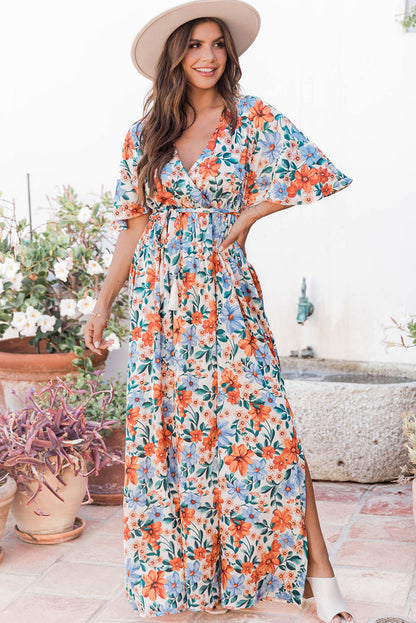 Floral Print Wrap Belted Maxi Dress