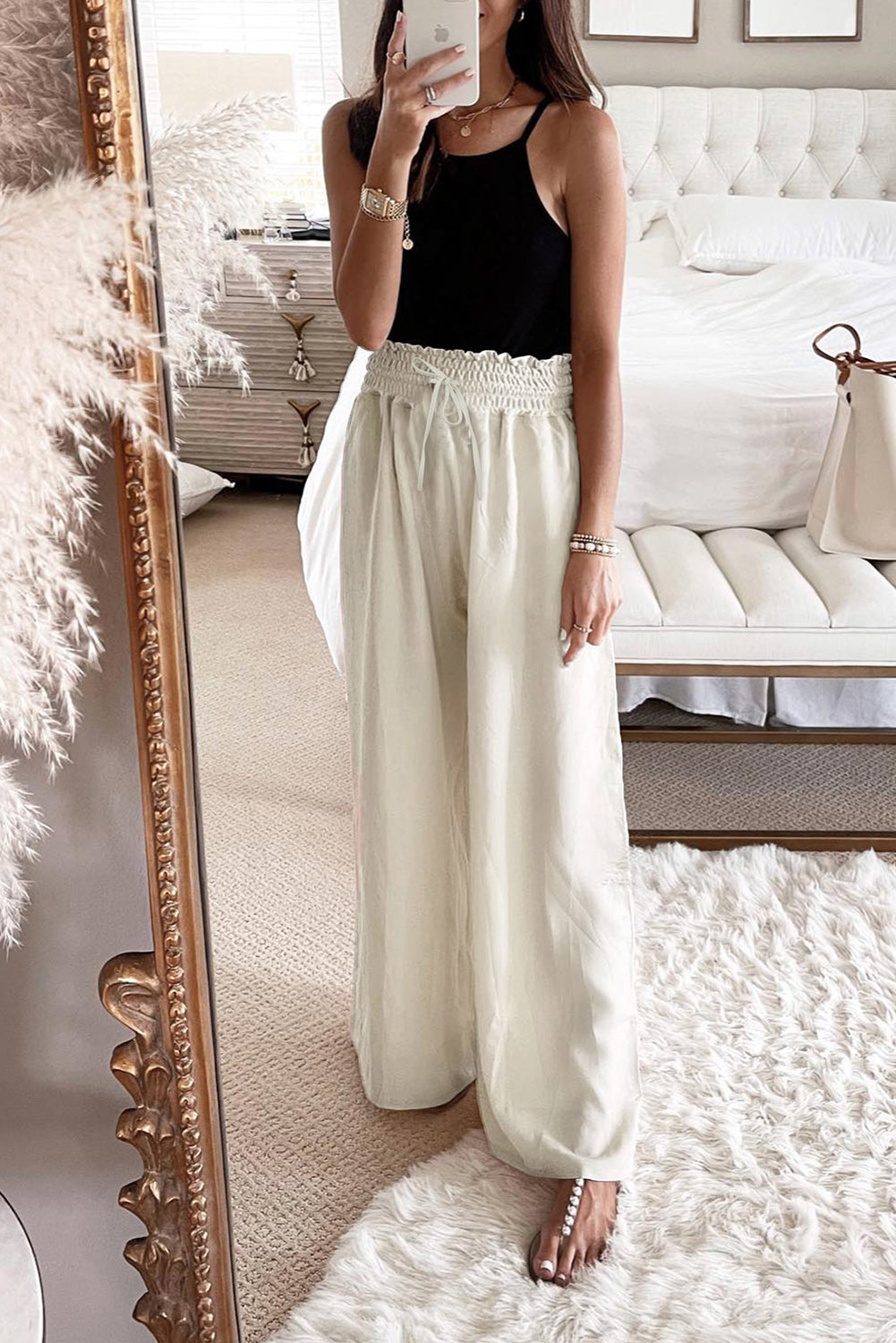 Beige Smocked High Waist Wide Leg Pants