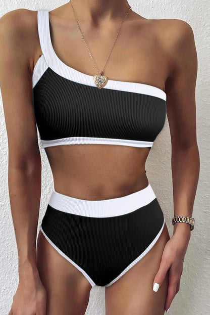 One Shoulder Patchwork High-waisted Bikini Set