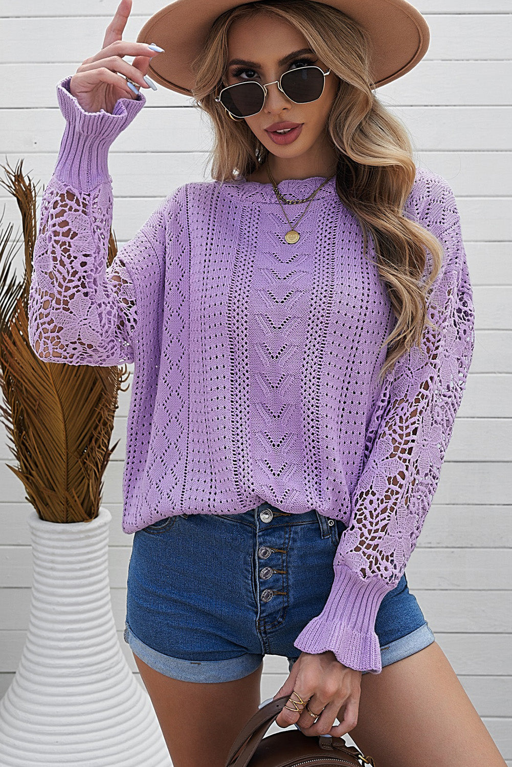 Crochet Lace Pointelle Knit Sweater