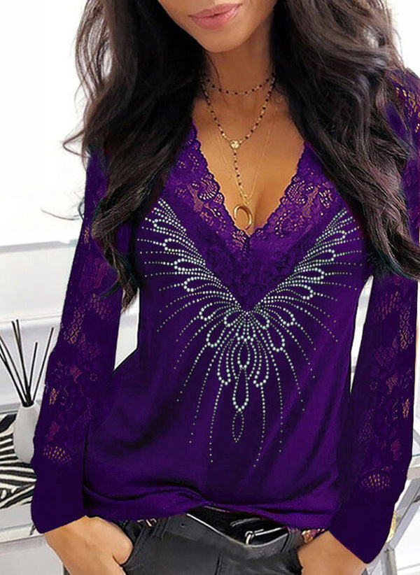 Lace Printed V-neck Patchwork Long-sleeved Blouse