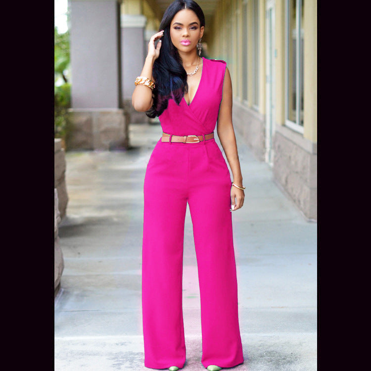 High Waist V-neck Wide-leg Pants Irregular Jumpsuituit With Belt