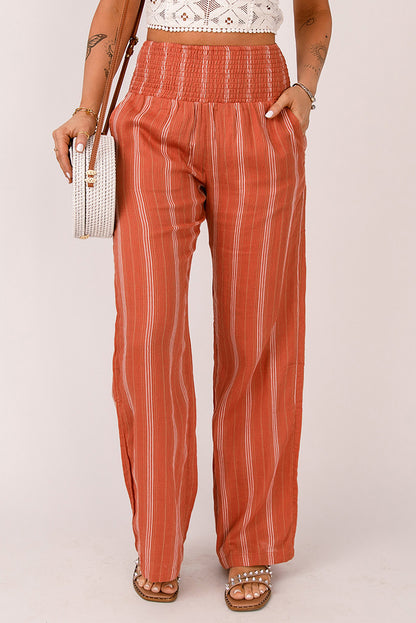 Striped Shirred High Waist Straight Leg Pants