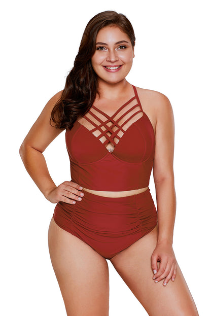 Rosy Strappy Neck Detail High Waist Swimsuit