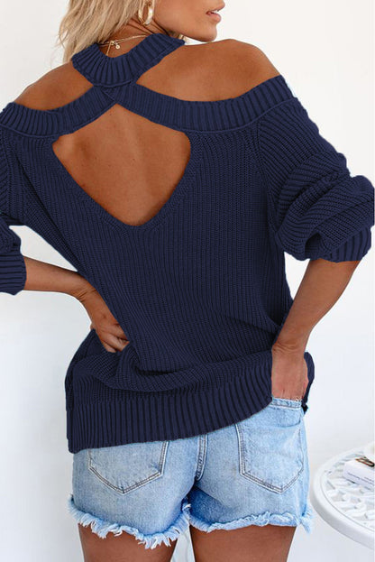 Women's Winter Casual Loose Long Sleeve Solid Color Halter Neck Backless Cross Belt Cold Shoulder Ribbed Knit Swea