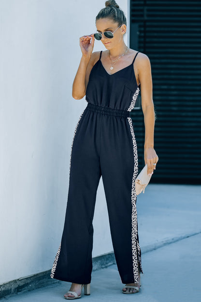 Leopard Patchwork Spaghetti Strap Wide Leg Jumpsuit