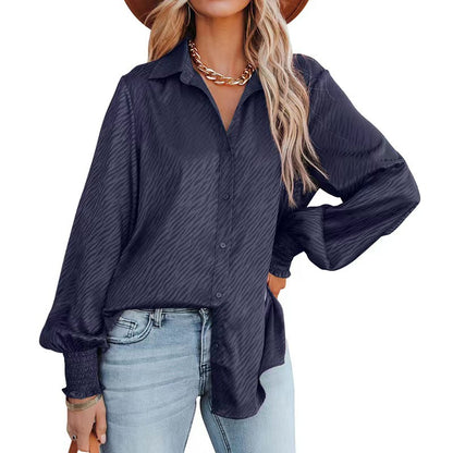 Zebra Print Lapel Buttoned Top Women's Lantern Long Sleeve Shirt