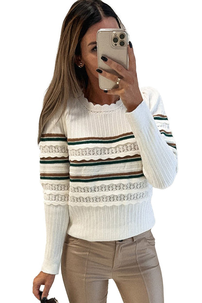 Striped Ribbed Scalloped Detail Knit Sweater