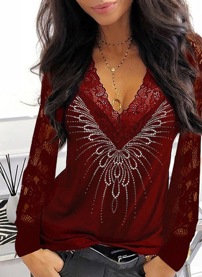 Lace Printed V-neck Patchwork Long-sleeved Blouse