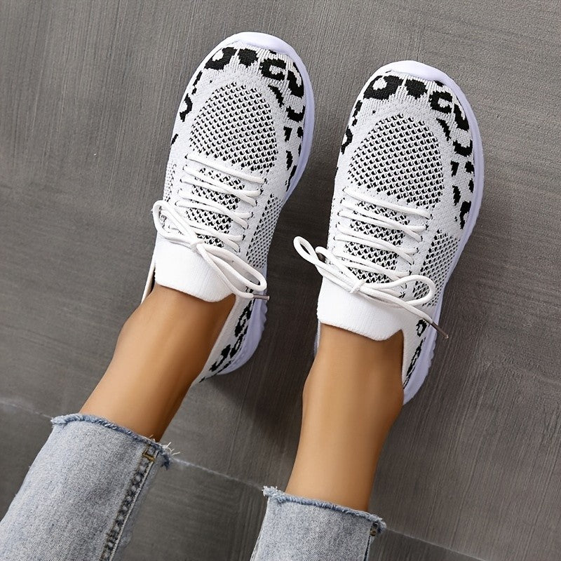 White Leopard Print Lace-up Sneakers