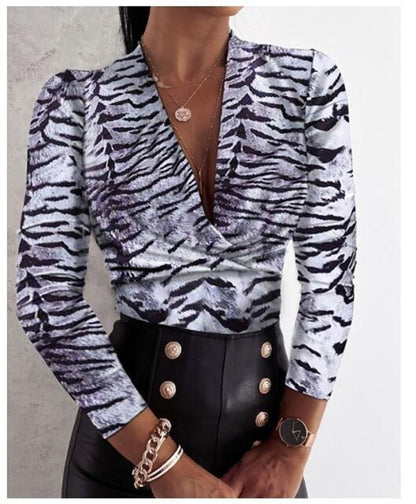 Sexy Long Sleeve V-neck Leopard Print Ladies Blouse