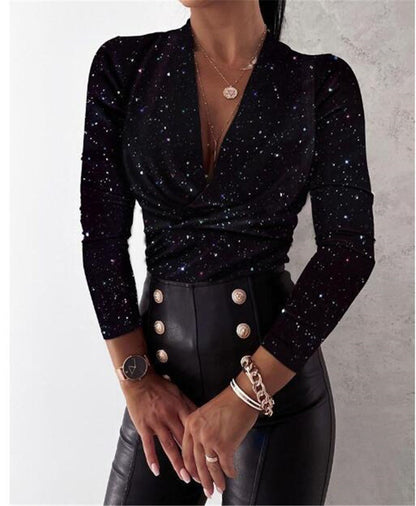 Sexy Long Sleeve V-neck Leopard Print Ladies Blouse