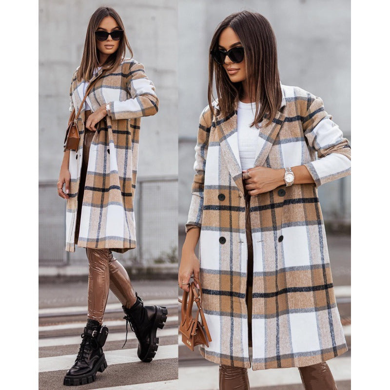 Mid-length Plaid Print Coat