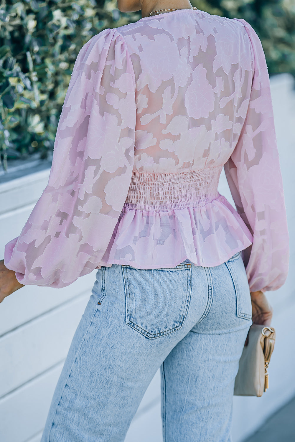 Floral Textured Puff Sleeve Smocked Waist Peplum Top