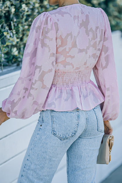 Floral Textured Puff Sleeve Smocked Waist Peplum Top