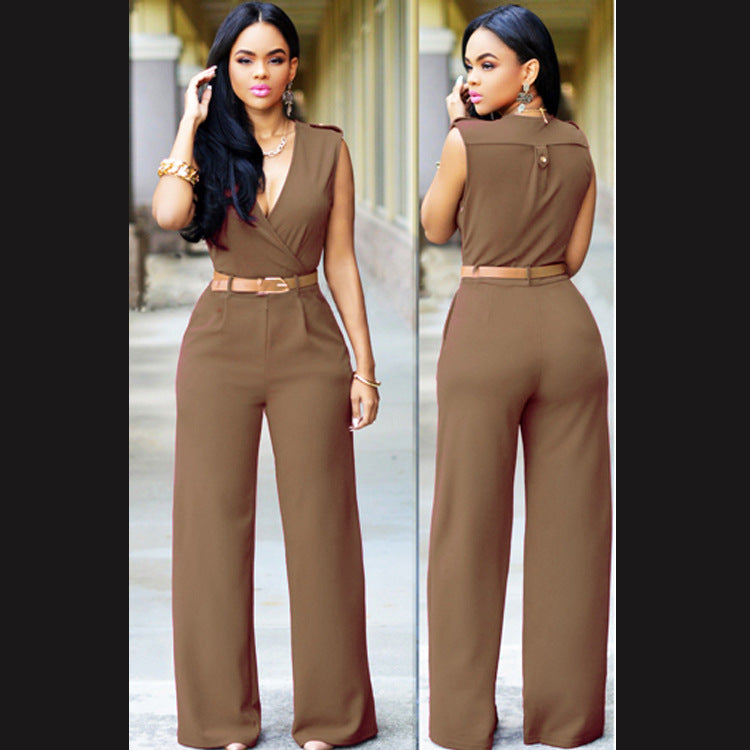 High Waist V-neck Wide-leg Pants Irregular Jumpsuituit With Belt