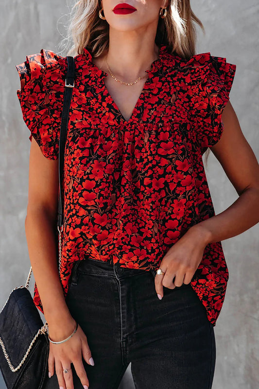 Floral Print Tiered Flutter Sleeve V Neck Top