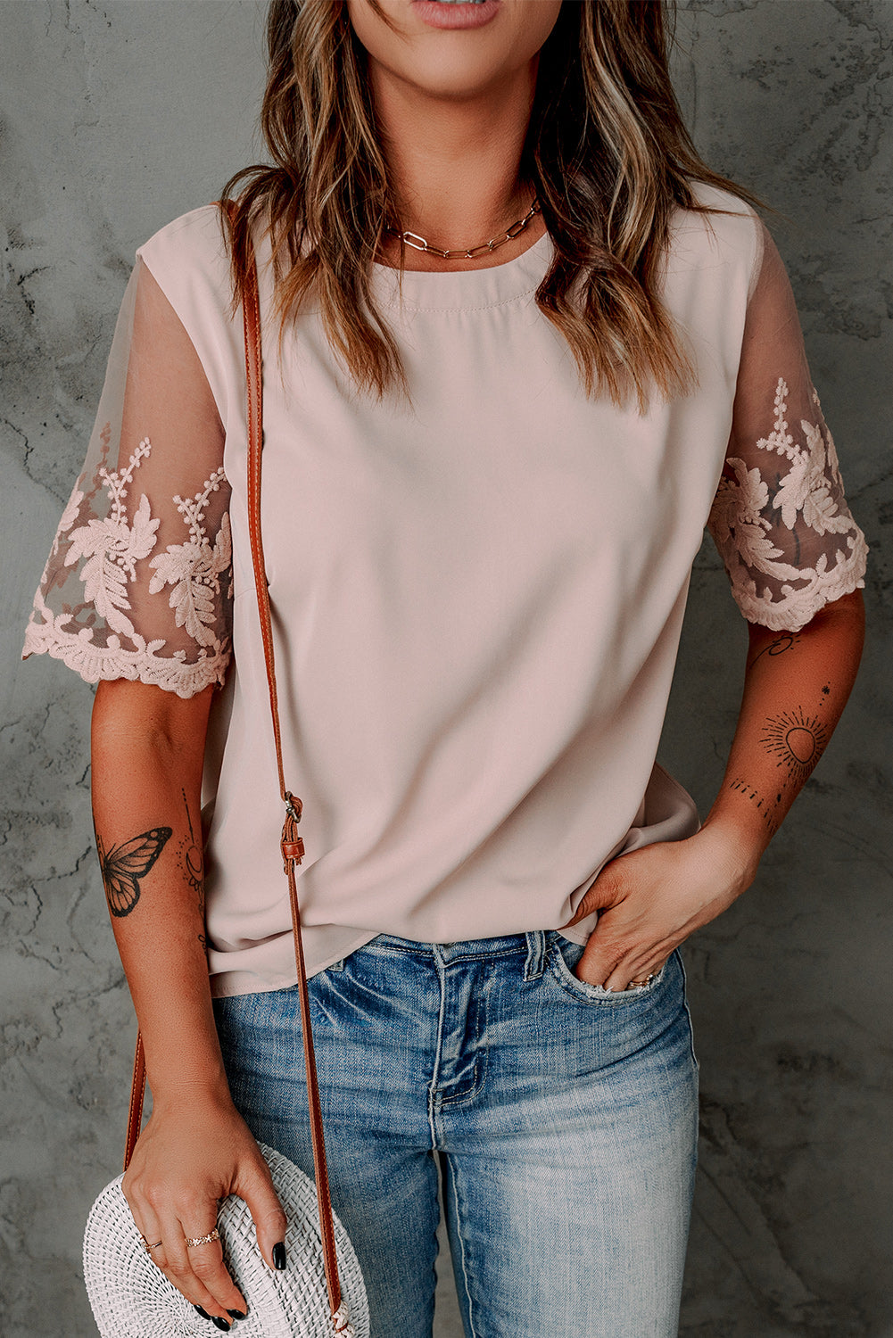 Floral Lace Sleeve Patchwork Top