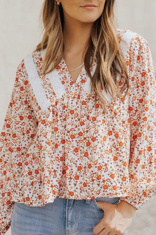 Floral Print Lace Contrast V Neck Blouse