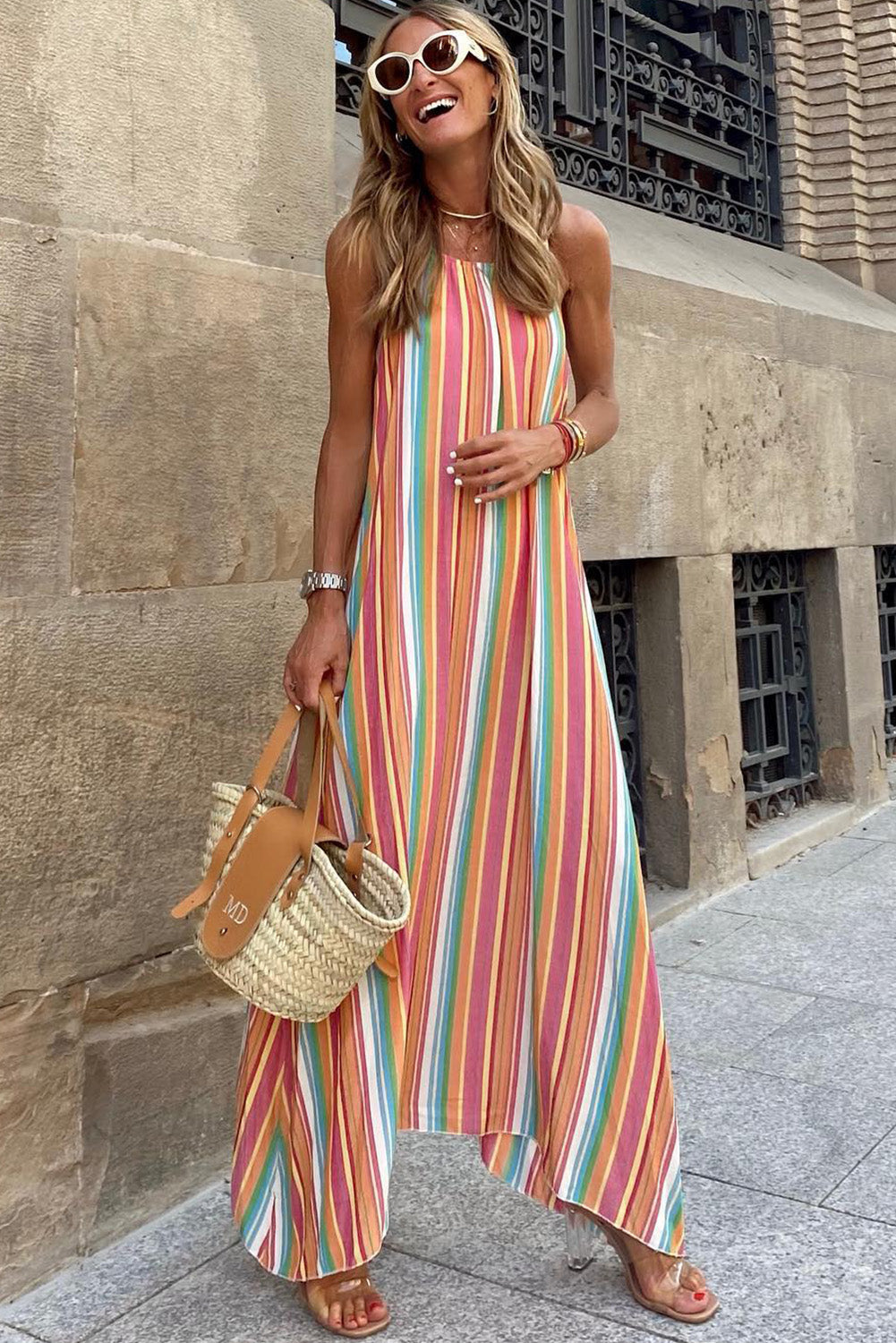 Bohemian Striped Print Sleeveless Holiday Maxi Dress