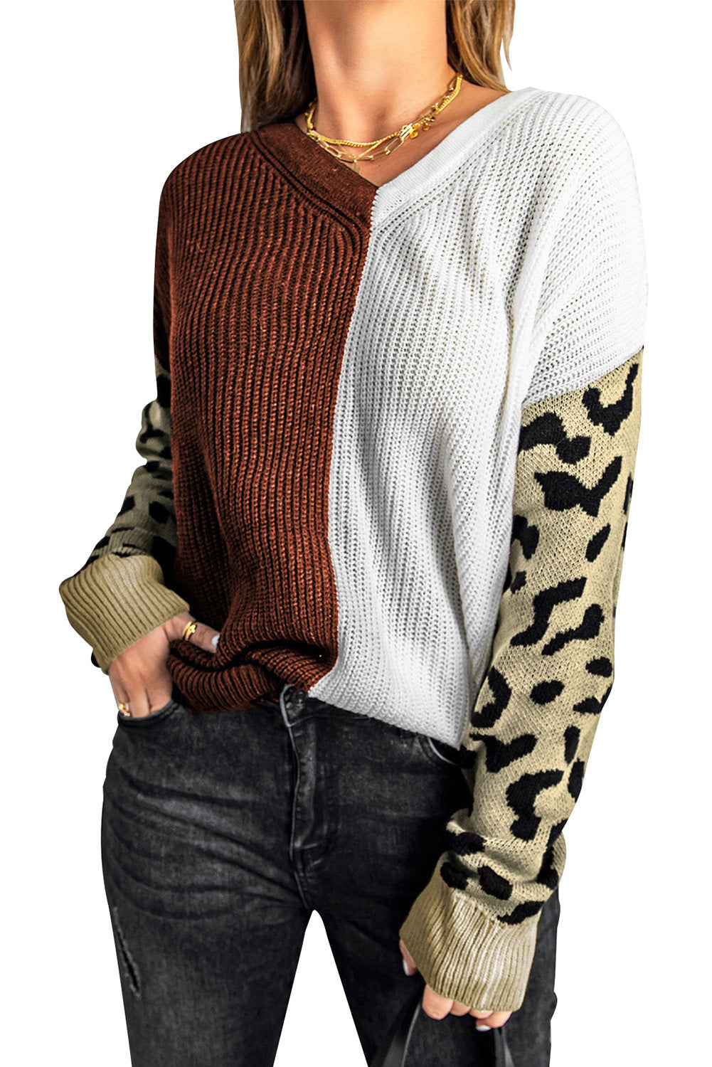 Print Contrast Color V Neck Sweater