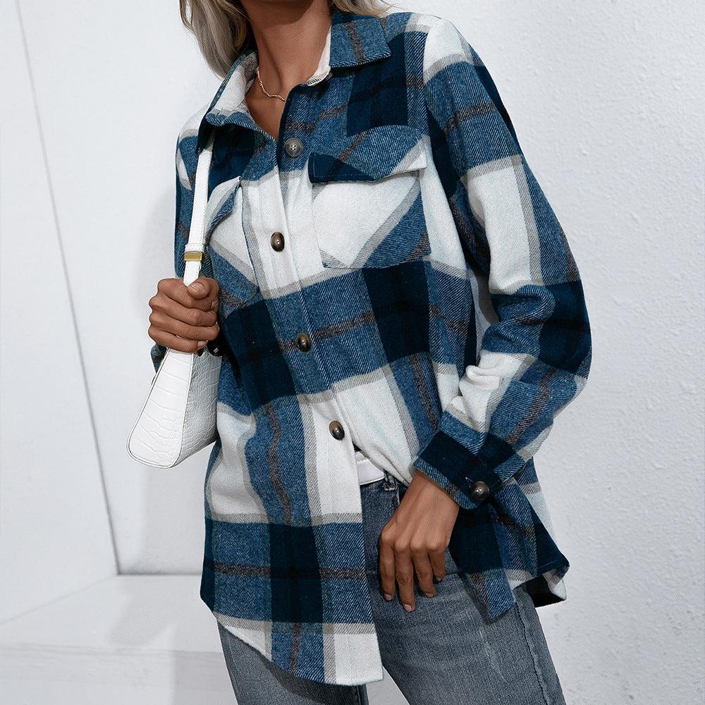 Long-sleeved Thick Cashmere Plaid Top Loose Casual Shirt Jacket