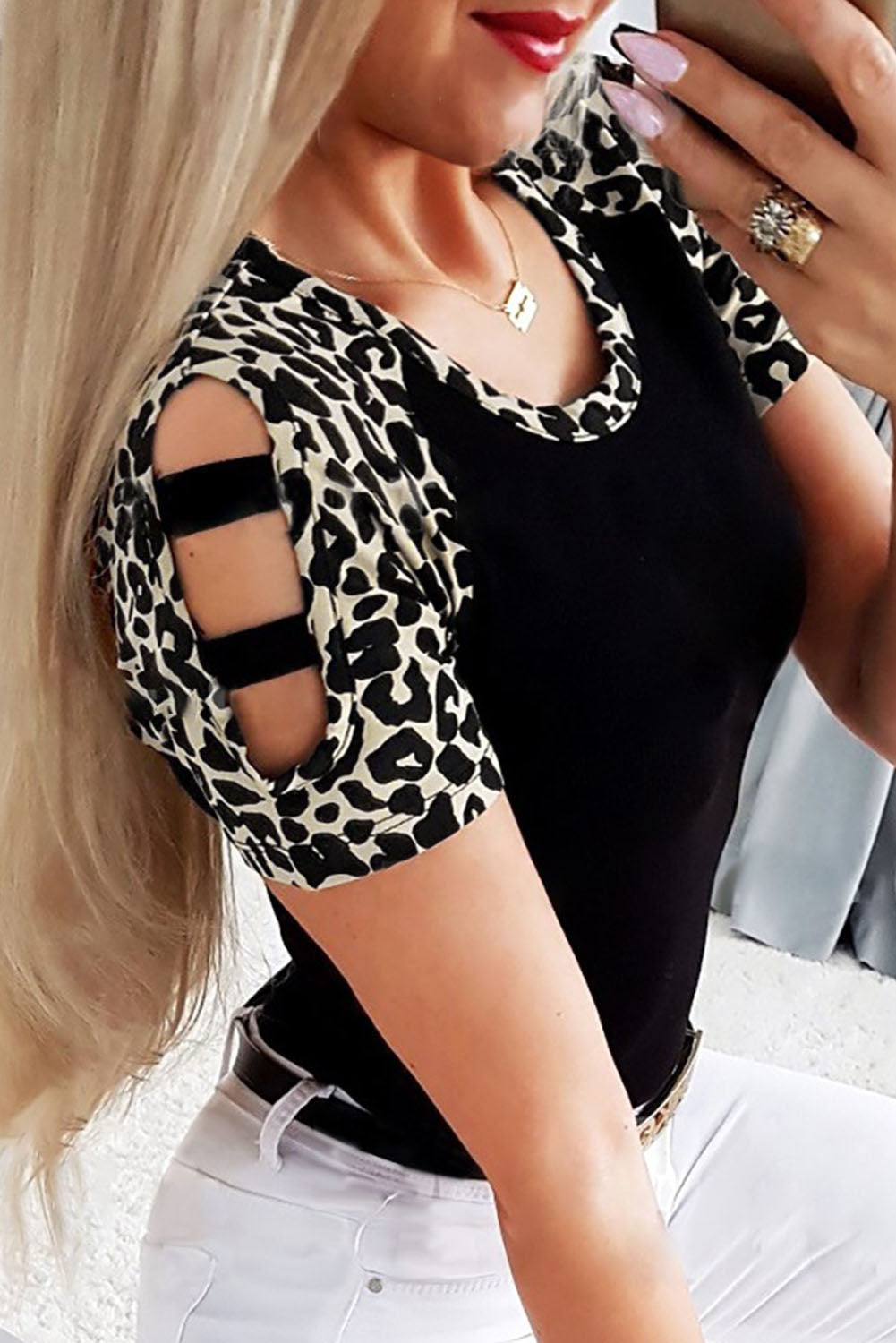 Leopard Color Block Cut Out Short Sleeve Top