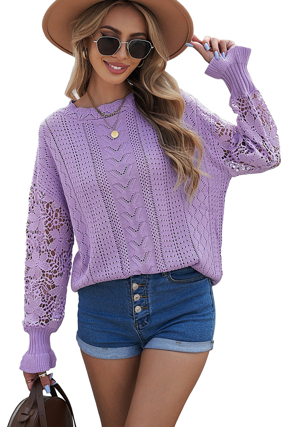 Crochet Lace Pointelle Knit Sweater