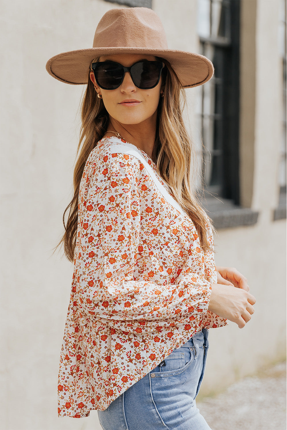 Floral Print Lace Contrast V Neck Blouse