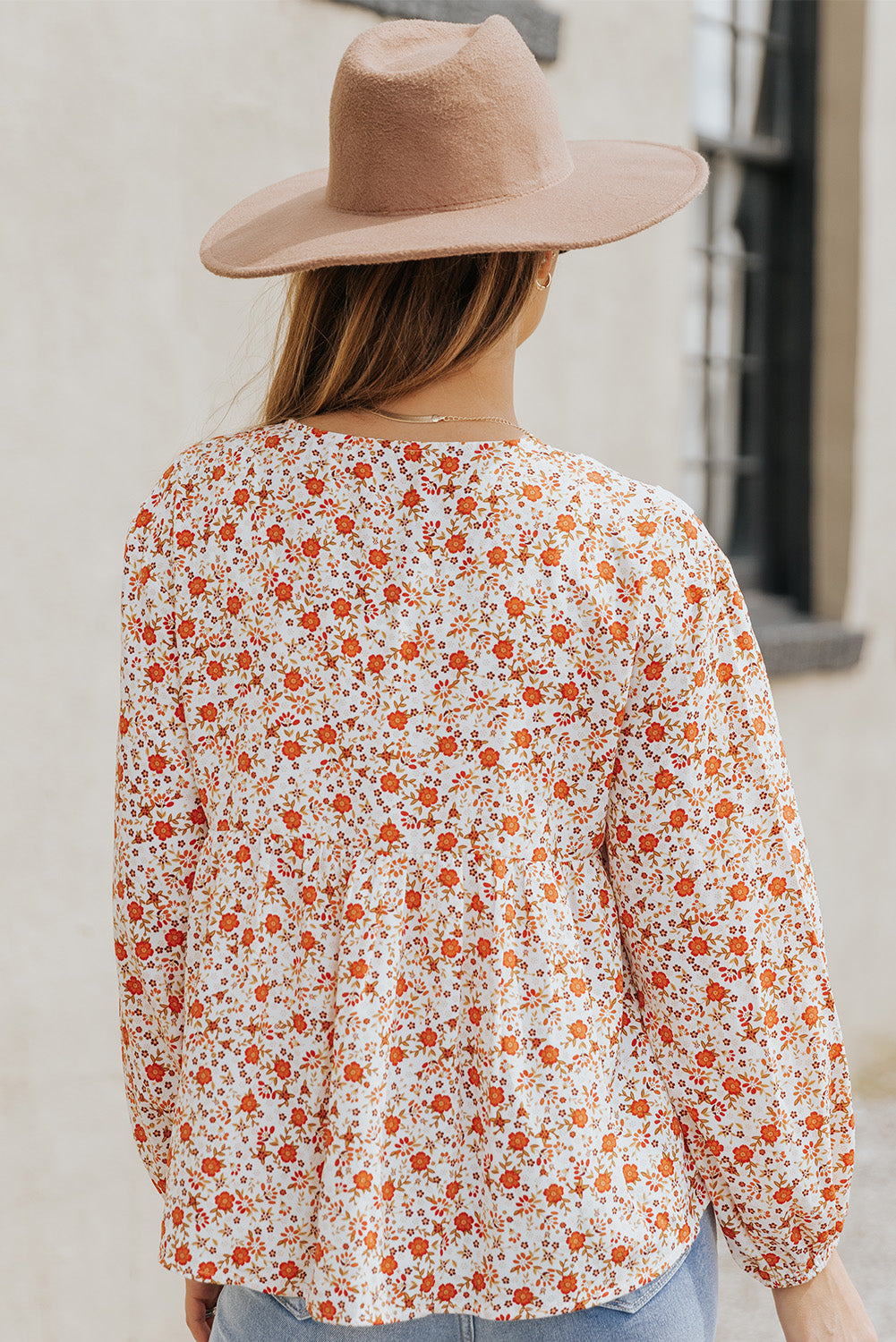 Floral Print Lace Contrast V Neck Blouse