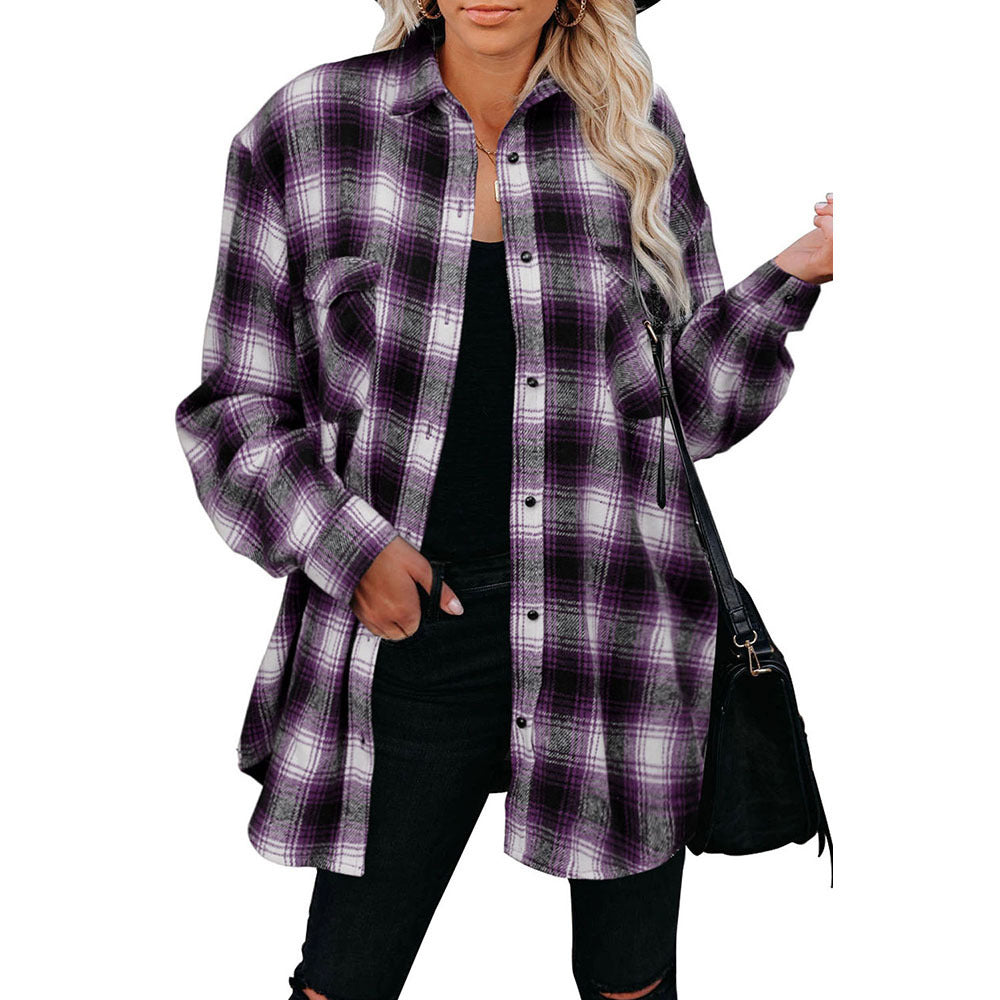 Plaid  Loose Blouse With Turndown Collar